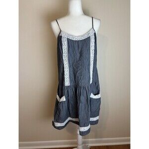 Women’s XL Chambray Denim Jean Dress Lace Crochet Pintuck Babydoll Western Boho